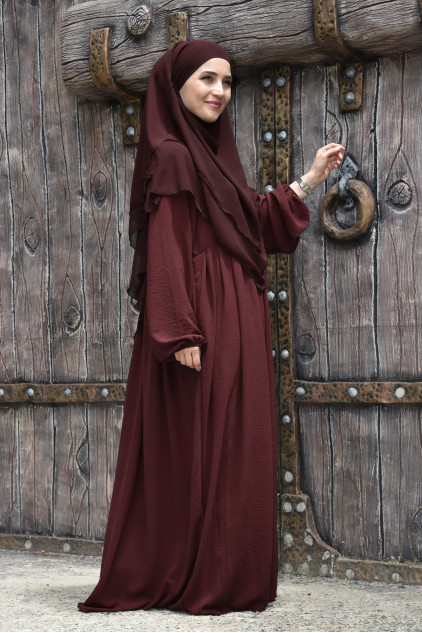 Pileli Fermuarlı Elbise / Ferace Bordo