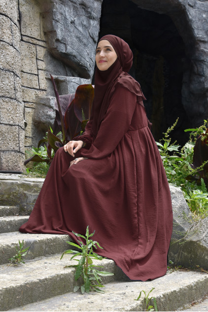 Pileli Fermuarlı Elbise / Ferace Bordo