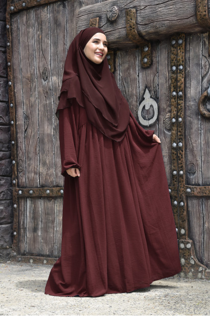 Pileli Fermuarlı Elbise / Ferace Bordo