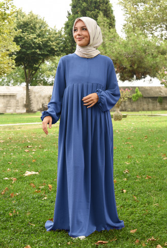 Pileli Fermuarlı Tesettür Elbise İndigo