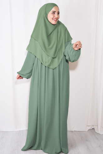 Tesettür Elbise / Ferace Pileli Fermuarlı Soft Yeşil