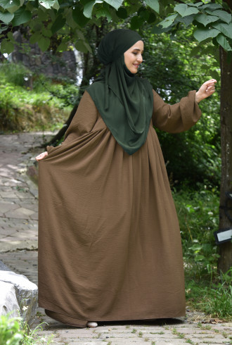 Tesettür Elbise / Ferace Pileli Aerobin Kumaş Taba