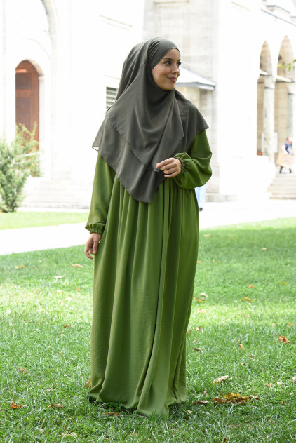 Tesettür Elbise / Ferace Pileli Fermuarlı Kloş Yeşil