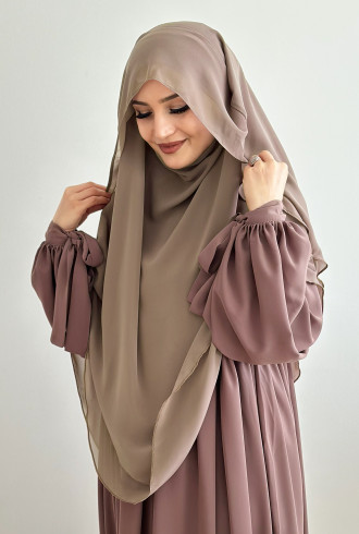 Gölgelikli Sufle Khimar Peçeli Şal Açık Vizon