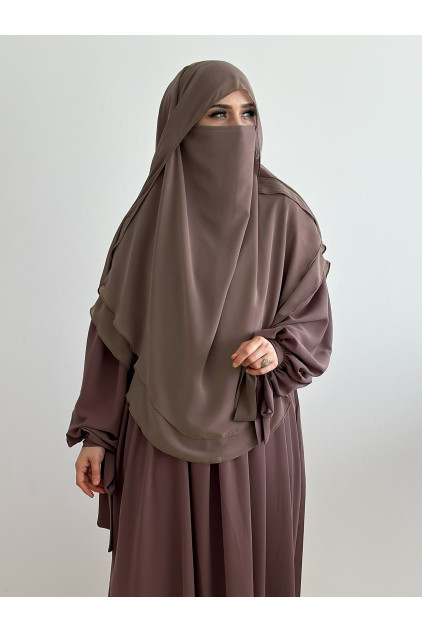 Gölgelikli Sufle Khimar Peçeli Şal Açık Vizon