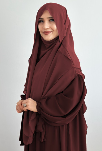 Gölgelikli Şifon Sufle Khimar Şal Bordo