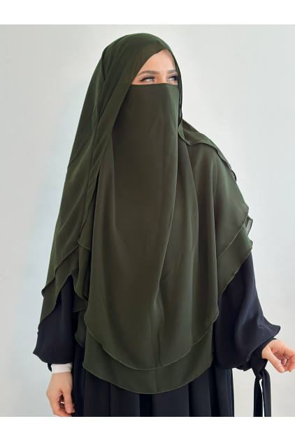 Gölgelikli Peçeli Sufle Khimar Şal Haki Yeşili