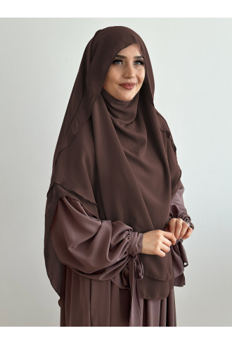 Gölgeli Peçeli Sufle Khimar Şal Kahverengi