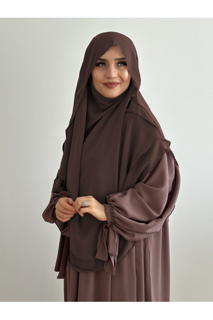 Gölgeli Peçeli Sufle Khimar Şal Kahverengi