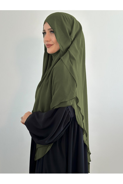 Gölgeli Sufle Khimar Şifon Şal Yağ Yeşili