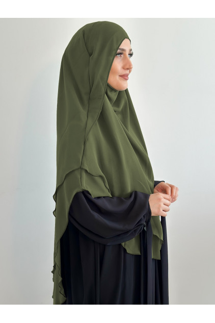 Gölgeli Sufle Khimar Şifon Şal Yağ Yeşili