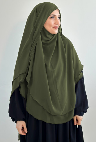 Gölgeli Sufle Khimar Şifon Şal Yağ Yeşili