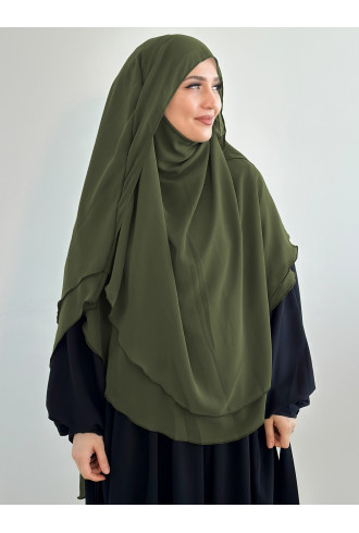 Gölgeli Sufle Khimar Şifon Şal Yağ Yeşili