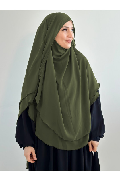 Gölgeli Sufle Khimar Şifon Şal Yağ Yeşili