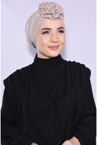 Güllü Büzgülü Çift Taraflı Hazır Bone Açık Vizon