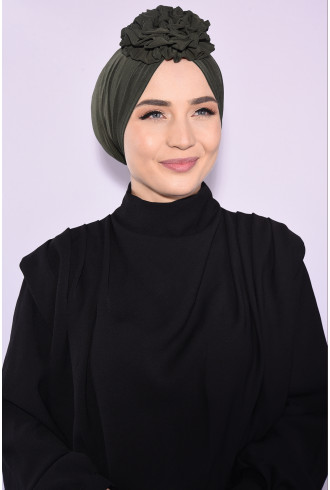 Çift Taraflı Güllü Büzgülü Bone Haki Yeşili