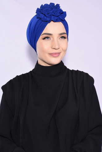 Çift Taraflı Güllü Büzgülü Bone Saks Mavisi Çift Taraflı Güllü Büzgülü Bone Saks Mavisi