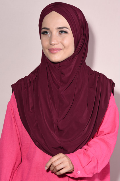 Hazır Tesettür Pileli 3 Bantlı Hijab Bordo