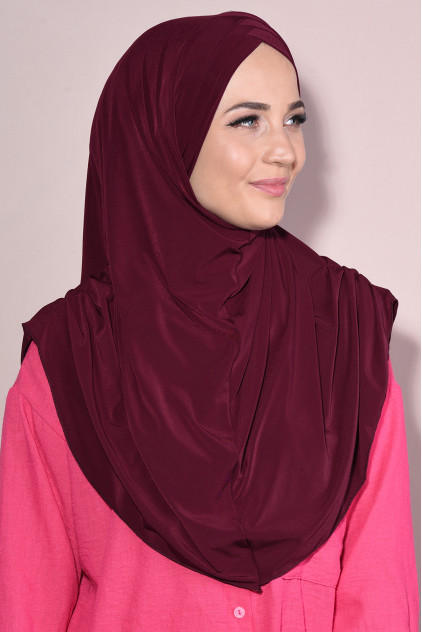 Hazır Tesettür Pileli 3 Bantlı Hijab Bordo