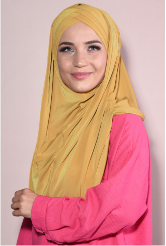 Boneli Hazır 3 Bantlı Pileli Hijab Hardal Sarısı Boneli Hazır 3 Bantlı Pileli Hijab Hardal Sarısı