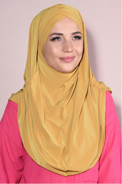 Boneli Hazır 3 Bantlı Pileli Hijab Hardal Sarısı