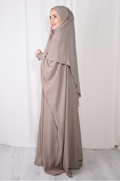 Medine İpeği Şal ve Elbise Takım Açık Vizon