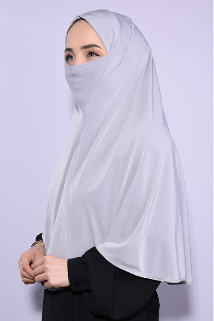 Peçeli Standart Uzun Hijab Gümüş Gri