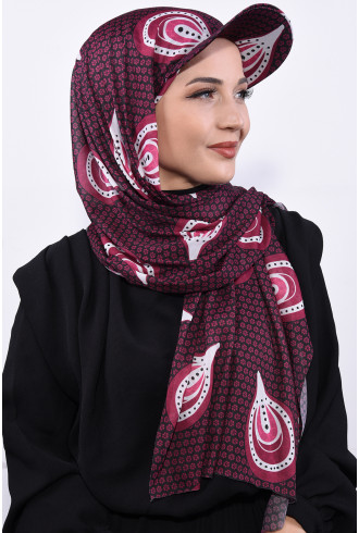 Desenli Şapka Şal Vişne