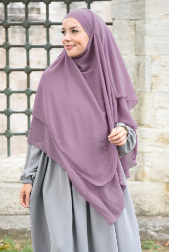 Sufle Khimar Şifon Peçeli Üç Katlı Gül Kurusu
