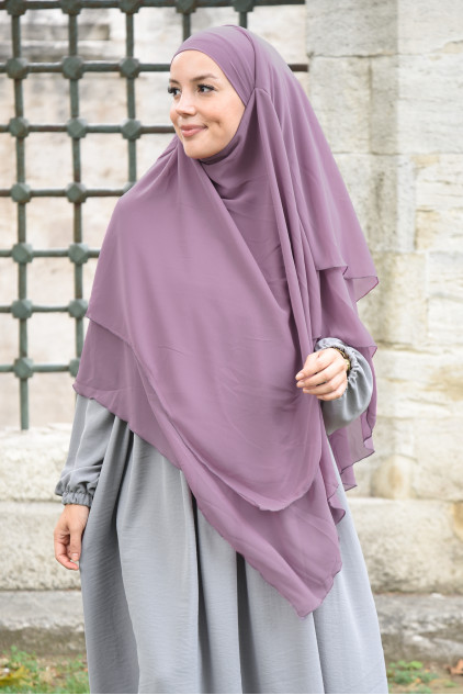 Sufle Khimar Şifon Peçeli Üç Katlı Gül Kurusu