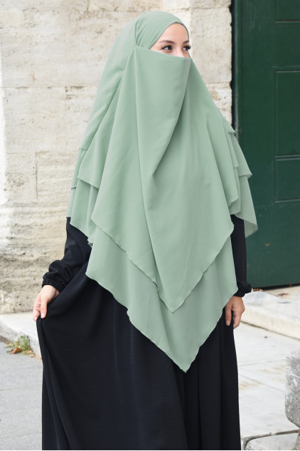 Sufle Khimar Peçeli Şifon Şal Yeşil