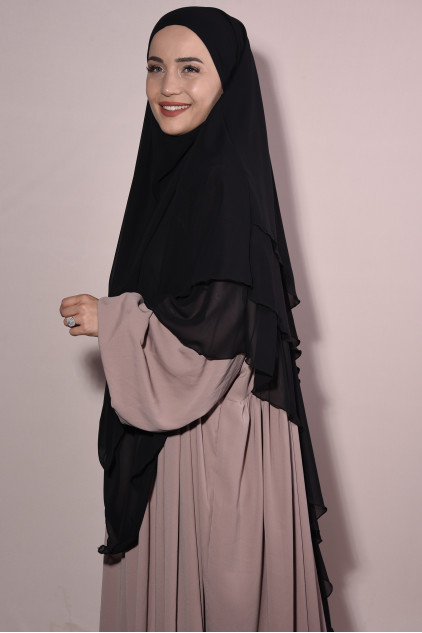 Peçeli Üç Katlı Şifon Sufle Khimar Siyah