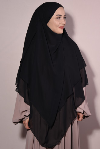 Peçeli Üç Katlı Şifon Sufle Khimar Siyah