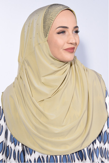 Taşlı Pileli Hijab Bej