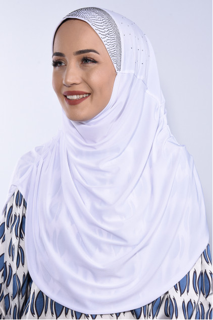 Taşlı Pileli Hijab Beyaz