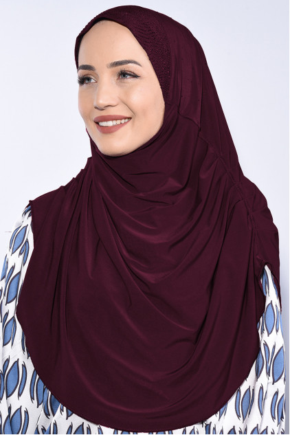 Taşlı Pileli Hijab Bordo