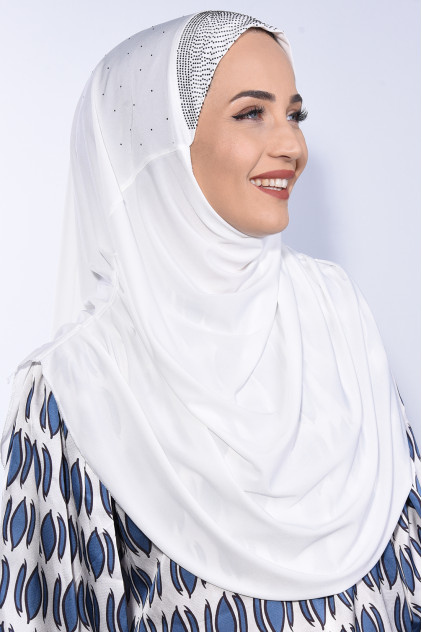 Taşlı Pileli Hijab Ekru