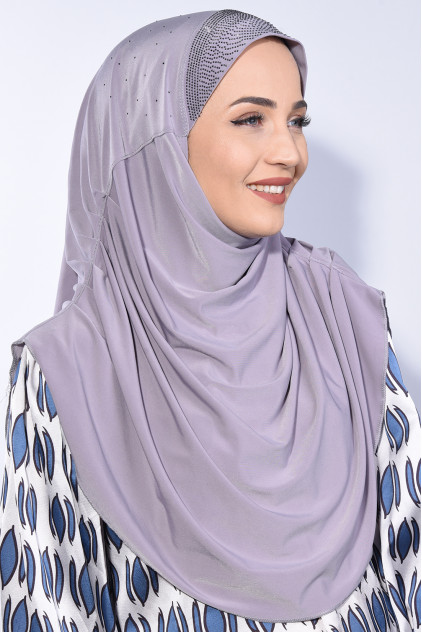 Taşlı Pileli Hijab Gri