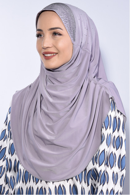 Taşlı Pileli Hijab Gri
