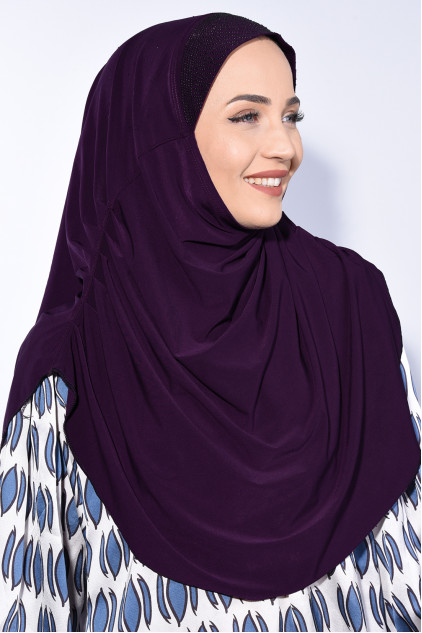 Taşlı Pileli Hijab Mürdüm