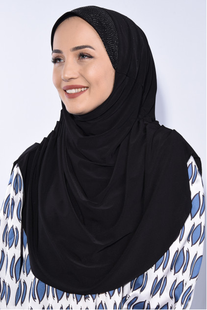 Taşlı Pileli Hijab Siyah