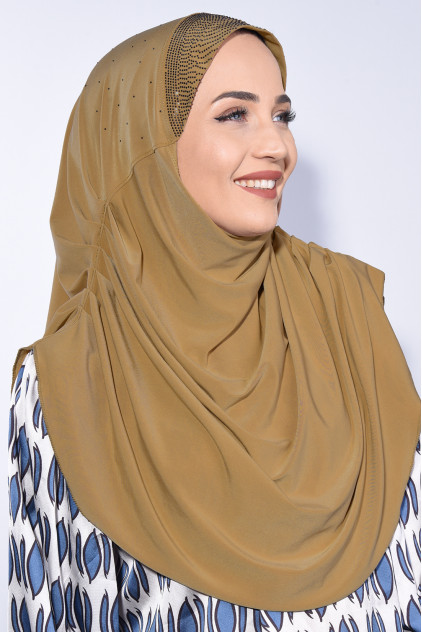 Taşlı Pileli Hijab Taba