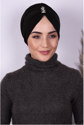 Taşlı Büzgülü Bone Siyah