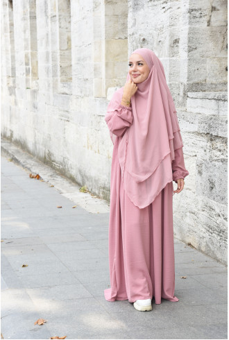 Tesettür Elbise / Ferace Pileli Fermuarlı Kloş Model Gül Kurusu Tesettür Elbise / Ferace Pileli Fermuarlı Kloş Model Gül Kurusu