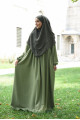 Tesettür Elbise / Ferace Pileli Standart Beden Haki Yeşili