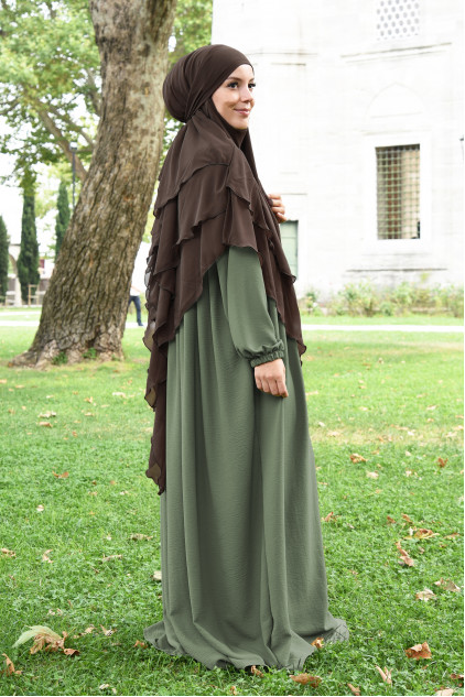 Pileli Fermuarlı Elbise / Ferace Haki Yeşili