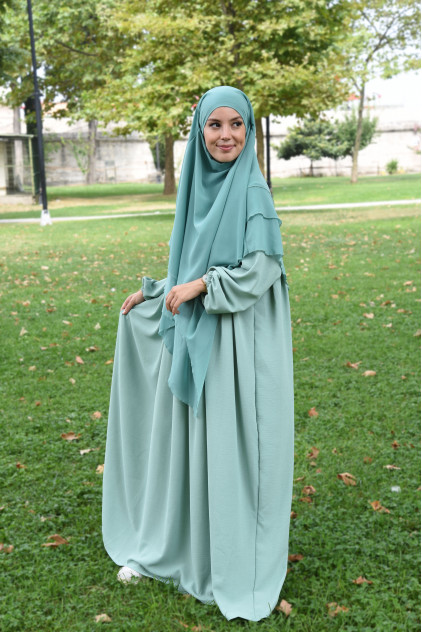 Tesettür Elbise / Ferace Pileli Kloş Model Mint Yeşili