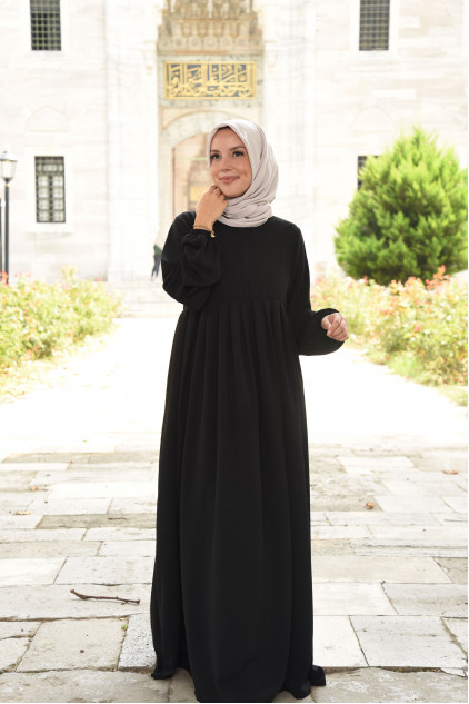 Tesettür Elbise / Ferace Pileli Fermuarlı Kloş Model Siyah